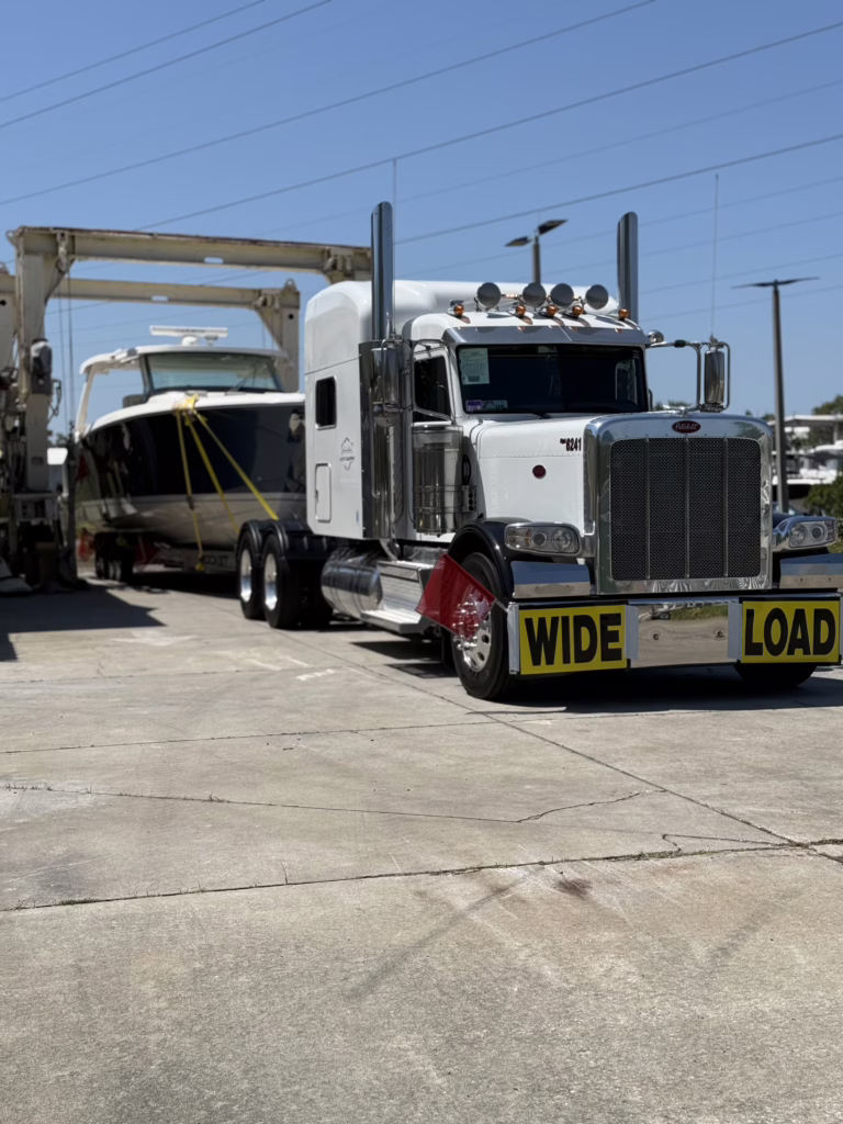 Boat being loaded onto trailer for transport in Vero Beach Florida.